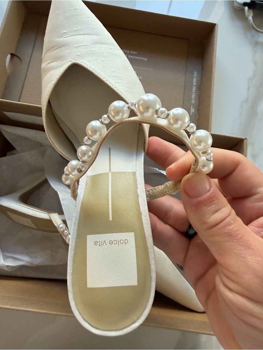 Dolce Vita Ivory Pearl-Embellished Pointed Mule Heels - Picture 2 of 13